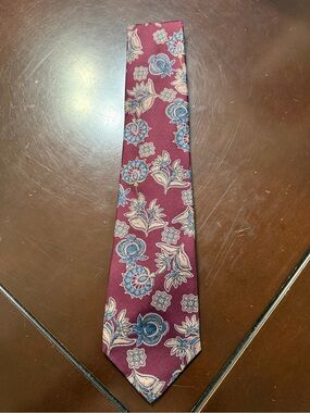 Harve Benard Burgundy Tie with Blue and Cream Floral Motif